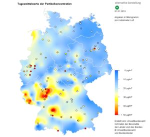 Die Feinstaubbelastung in Deutschland zu Jahresanfang 2019 nach der Silvesternacht. - Grafik: Bundesumweltamt 