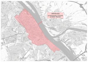Zone LKW-Fahrverbot an Rosenmontag in der Mainzer Innenstadt 2018 und 2019. - Grafik: Stadt Mainz