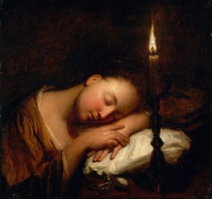 Schlafendes Mädchen, Gemälde von Jean Baptiste Santerre (via Wikimedia Commons): Bei Kerzenlicht schlummerte es sich früher besser.