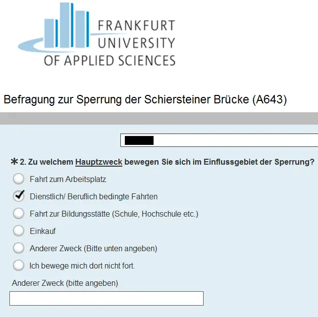 Umfrage der Uni Frankfurt zum Mobilitätsverhalten nach der Sperrung der Schiersteiner Brücke - Screenshot gik