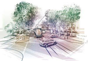 Visualisierung der Citybahn auf der Biebricher Allee. - Grafik: Citybahn GmbH