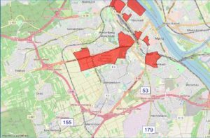 Karte zur Potenzialanalyse Park-and-Ride-Plätze Mainz mit möglichen Plätzen (Nummern) und wichtigen Arbeitsgebieten (rot). Die Nummer 53 ist das Parkhaus an der Kurmainz-Kaserne. – Foto: gik