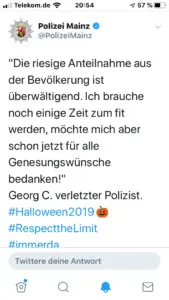Tweet des verletzten Polizeikommissar Georg C. - Screenshot: gik