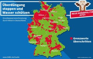 Überdüngung mit Nitraten in Deutschland, die roten Zonen sind die hochbelasteten Gebiete. - Grafik: NABU