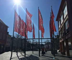 Mainz-Fahnen am Höfchen in glühender Sommerhitze: einen Hitzeaktionsplan hat die Stadt weiter nicht. - Foto: gik