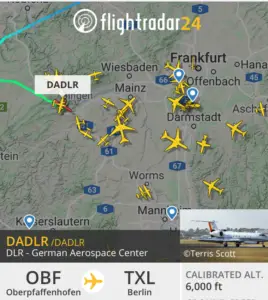 Forschungsflieger HALO vergangene Woche im Anflug auf Frankfurt. - Screenshot: gik