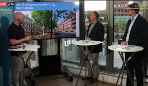 Online-Forum zur Citybahn mit Uwe Conrad (Mitte) und Stadtplaner Camillo Huber-Braun (rechts). - Screenshot: gik