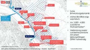 Karte mit den Entwicklungsgebieten der Stadt Wiesbaden (schraffierte Flächen) und der geplanten Citybahn-Strecke. - Grafik: Stadt Wiesbaden 