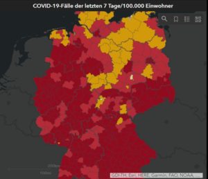 Stand des Corona-Infektionsgeschehens in Deutschland nach 7.-Tages.Inzidenz am 16. November 2020 laut RKI-Dahsboard. - Foto: gik 
