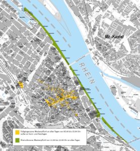 Die Zonen der Maskenpflicht in der Mainzer Innenstadt: Gelb ist der Innenstadtbereich, Grün die Zone Maskenpflicht am Mainzer Rheinufer. - Grafik: Stadt Mainz