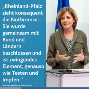 Ministerpräsidentin Malu Dreyer (SPD) am Montag in den sozialen Netzwerken zur Notbremse in Rheinland-Pfalz. - Foto: rlp.de
