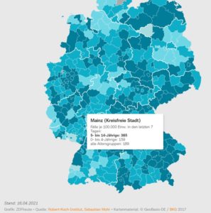 Karte des ZDF über Corona-Inzidenzen speziell bei Kindern. - Grafik: ZDF, Screenshot: gik