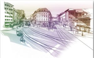 Visualisierung des Abzweigs Binger Straße (links) im Rahmen der Citybahn-Planungen. - Grafik: Citybahn GmbH