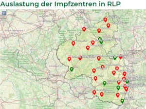 Karte der derzeit verfügbaren Impfzentren in Rheinland-Pfalz (grün). - Grafik: Land RLP, Screenshot: gik