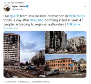 Bericht eines Journalisten der französischen Nachrichtenagentur AFP über Zerstörungen in Chernihiv in der Ukraine. - Screenshot: gik