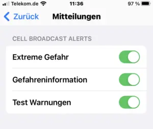 Einstellungen im iPhone zu Cell Broadcasting: daran lag's nicht. - Foto: gik 