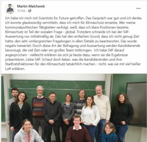 Facebook Post von Linken-Kandidat Martin Malcherek mit seiner Kritik am "Klima-Check" von Scientists for Future. - Foto: gik