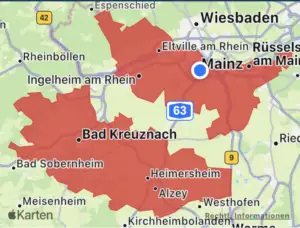 Unwetterwarnung für den Bereich Mainz-Bad Kreuznach am Montag in der Warnapp Nina. - Screenshot: gik