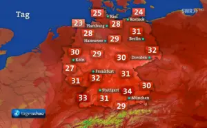 Hitzewelle im Juni 2023: Tiefrote Wetterkarte, Temperaturen weit jenseits der 30 Grad. - Screenshot: gik