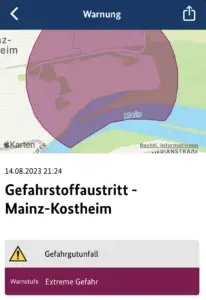 Warnmeldung wegen Gefahrstoffaustritts in Mainz-Kostheim am Montagabend. – Screenshot: gik