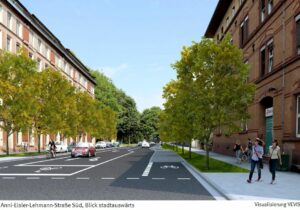 So soll die Mombacher Straße nach ihrer Umgestaltung aussehen - mit neuen, deutlich kleineren Bäumen. - Grafik: Stadt Mainz