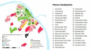 Die neuen Heizungs-Vorranggebiete für Mainz: Grün ist Fernwärme, Rot sind „dezentrale Heizungsformen“. – Grafik: Stadtwerke Mainz