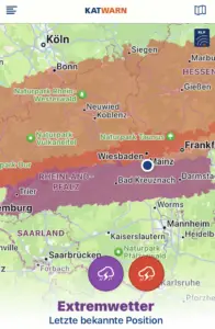 Aktuelle Warnkarte in der Wetterapp Katwarn um 17.20 Uhr am Mittwoch. - Screenshot: gik