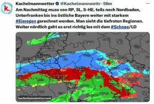 Warnung vor Extremwetter und Eisregen auf Kachelmannwetter - via X, vormals Twitter. - Foto: gik