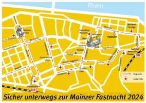 Der Zugweg am Rosenmontag in Mainz - im Vergleich zu 2024 hat sich nichts geändert. - Grafik: Stadt Mainz 