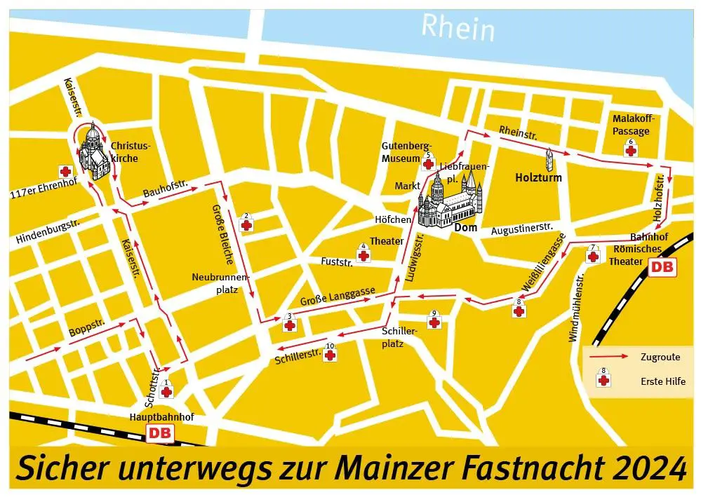 Zugweg des Mainzer Rosenmontagszuges 2024. - Grafik: Stadt Mainz