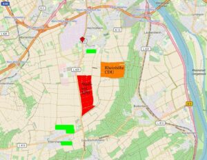 Vergleich zwischen den bisher diskutierten Optionen: Orange war der "Stadtteil Rheinhöhe" der CDU, Rot die Lage des SPD-Vorschlags - und Grün sind nun die neuen Potenzialflächen. - Foto: gik