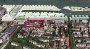 Areal der alten Kommissbrotbäckerei in der Mainzer Neustadt, im Hintergrund das neue Wohngebiet des Zollhafens. - Grafik: Verein Kulturbäckerei
