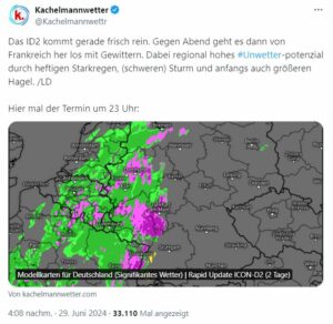 Unwetterprognose für den Samstagabend auf Kachelmannwetter via X. - Screenshot: gik