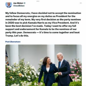 Joe Biden empfiehlt seine Vize Kamala Harris: Mit diesem Post auf X. - Screenshot: gik