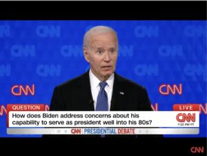 US-Präsident Joe Biden im TV-Duell mit Donald Trump: bleich, stotternd, von der Rolle. Es war der Turning Point und der Anfang vom Ende von Bidens Kandidatur. - Screenshot: gik