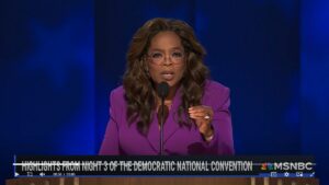 Megastar Oprah Winfrey bei ihrer Rede auf der Democratic Convention zugunsten von Harris. - Screenshot: gik