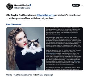 Post von Taylor Swift auf Instagram: Unterstützung für Kamala Harris, Foto via X-Post. - Screenshot: gik