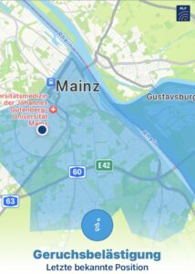 Neue Reichweite der Rauchwolke vom Lagerbrand in Mainz-Hechtsheim: Fenster und Türen bitte geschlossen halten! - Grafik: Katwarn 