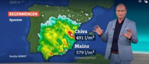 Exorbitante Regenmengen: In Chiva fiel in acht Stunden so viel Regen wie in Mainz in einem ganzen Jahr, berichtete ARD-Wettermann Karsten Schwanke in den SWR-Nachrichten. - Screenshot: gik