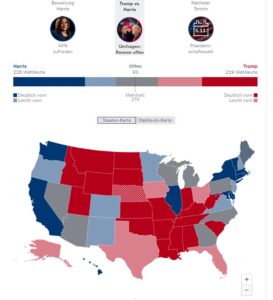 Karte der US-Staaten mit jeweiliger Präferenz: Blau für Demokraten, Rot für Republikaner - und Grau für Swing State. - Grafik: ZDF