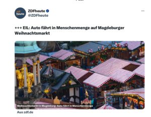 Erste Eilmeldung via ZDF heute um kurz nach 19.00 Uhr zum Anschlag auf den Magdeburger Weihnachtsmarkt. - Screenshot: gik