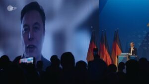 Totalitäre Bildsprache, typische rechtsextreme Ansagen zur Erinnerungskultur: US-Milliardär Elon Musk auf dem Parteitag der AfD. - Video: ZDF, Screenshot: gik