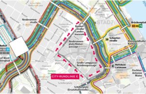 Umleitungsplan für alle Busse ab Aschermittwoch in Mainz, plus Plan der City-Linie E. - Grafik: Mainzer Mobilität. 