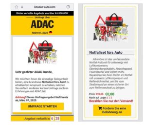 So sehen die Betrug-Emails mit der gefälschten ADAC-Umfrage aus, mit denen Betrüger Daten abfischen wollen. - Quelle: Verbraucherzentrale RLP