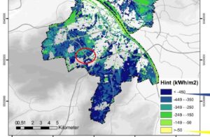 Die Kaltluftentstehungsgebiete für Mainz, erstellt für die Klimastudie Klimprax: Je dunkler das Blau, umso mehr Kaltluft. Rot umkreist: Das Gebiet der Draiser Senke und des Lerchenbergs. - Foto: Klimprax