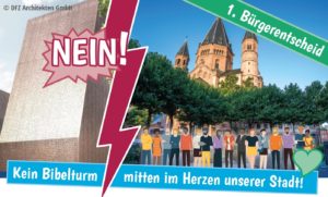 Plakat zum Bürgerentscheid über den Bibelturm am Gutenberg-Museum. - Foto: gik