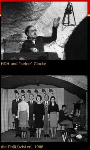 Fotos aus der Gründerzeit des Mainzer Unterhauses, mit Hanns Dieter Hüsch und seiner Glocke (oben). - Fotos: Unterhaus