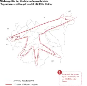 Grafik Lärmobergrenze: Gebiet der Verlärmung mit 55 Dezibel 2017. - Grafik: HLNUG