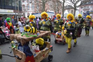 Eine als Bienen verkleidete Gruppe zieht beim Jugendmaskenzug 2018 durch die Straßen von Mainz. - Foto: gik