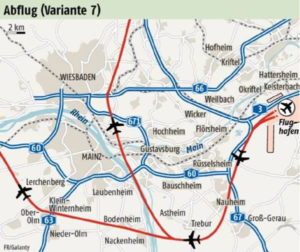 Route der sogenannten Südumfliegung für Abflüge am Frankfurter Flughafen bei Westwind. - Karte: Fluglärm.info